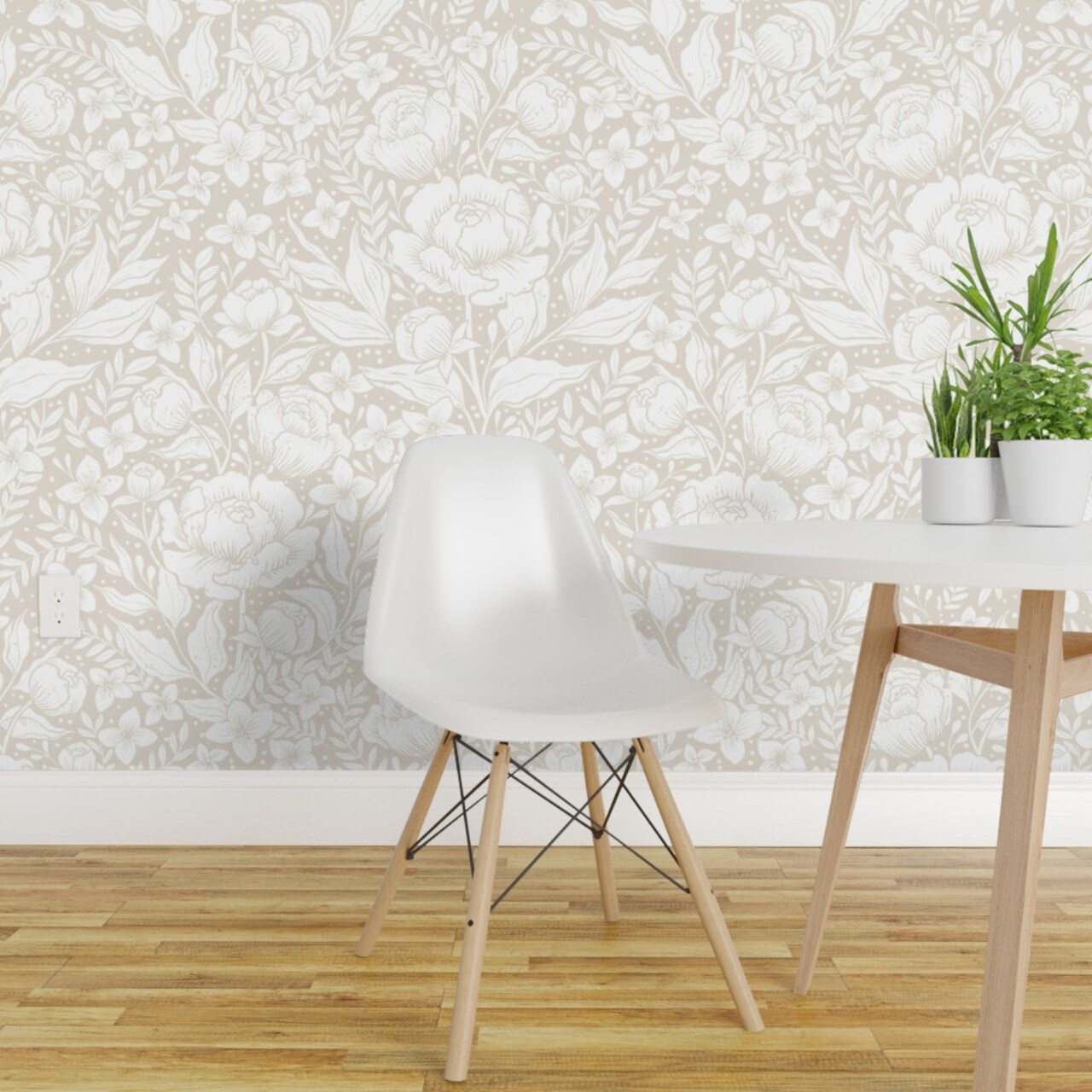Pre-Pasted Wallpaper 2FT Wide Neutral Victorian Large Scale Chintz William Morris Cottage Neutral Botanical Earth Tone Elegant Garden Custom Pre-pasted Wallpaper by Spoonflower